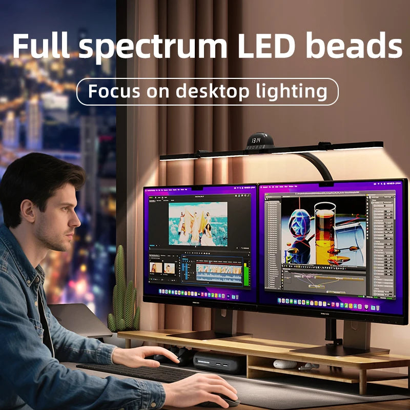 120cm Full Spectrum LED Multi-Function Eye-Caring Desk Lamp Stepless Dimming 5 Colour Temperatures Clip-on Computer Monitor Lamp