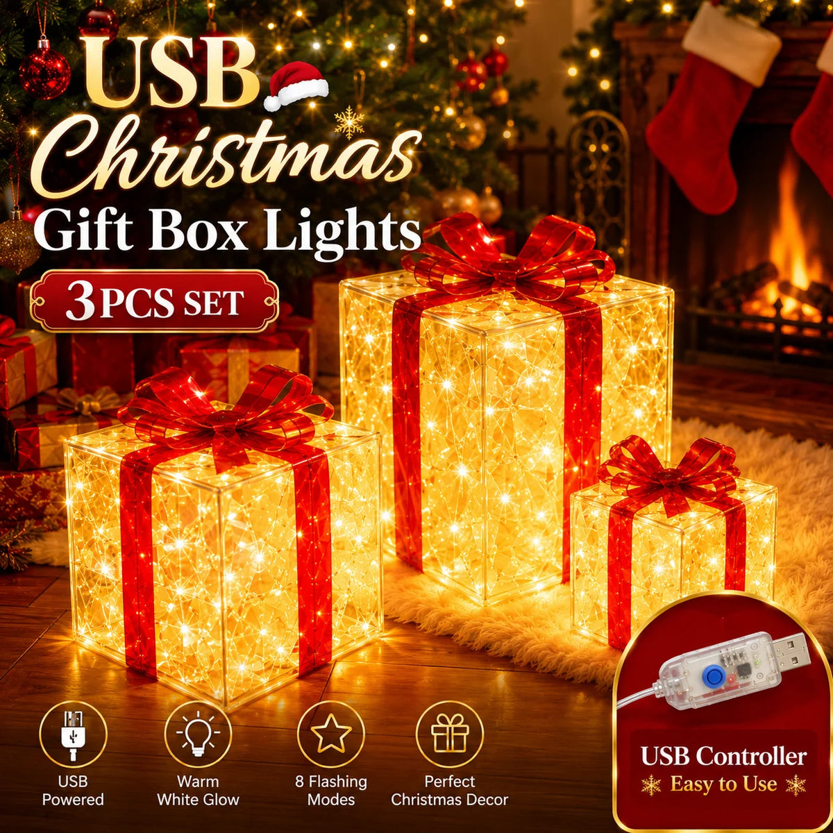 Christmas Lights Gift Box LED Lighted Presents USB Powered 3PCS Set Warm White 8 Modes for Tree Home Holiday Decor