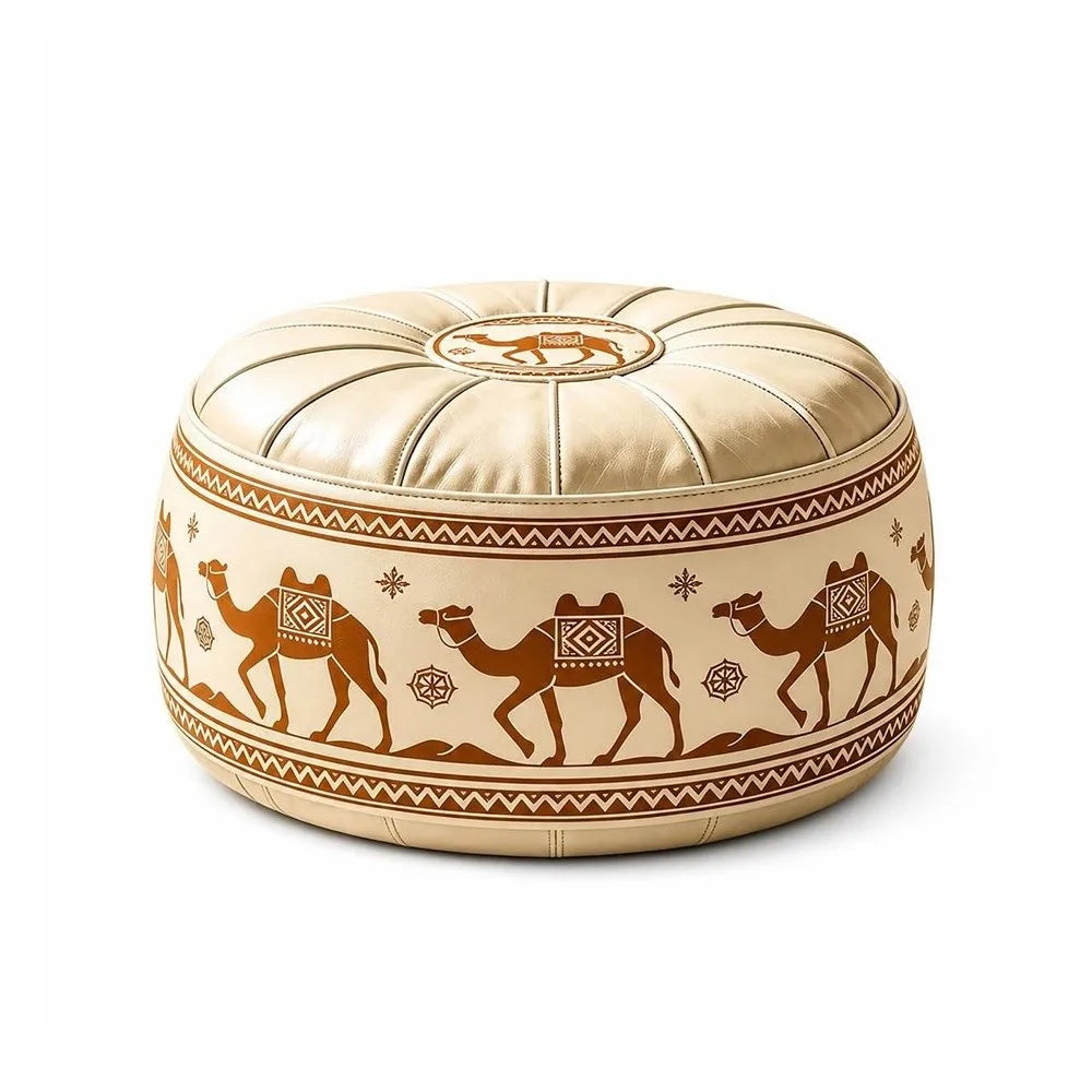 New PU Leather Fillable Ottoman Pouf Embroidered Pattern Moroccan Style Storage Ottoman Round Shape Round Pouf Cover Living Room