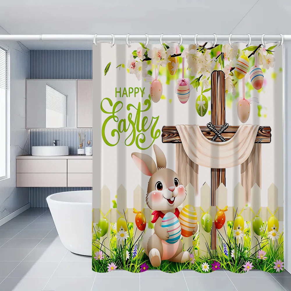 4/1 Easter Bunny shower curtain set, toilet seat decoration, shower curtain with carpet and toilet lid, size 70.8x70.8 in