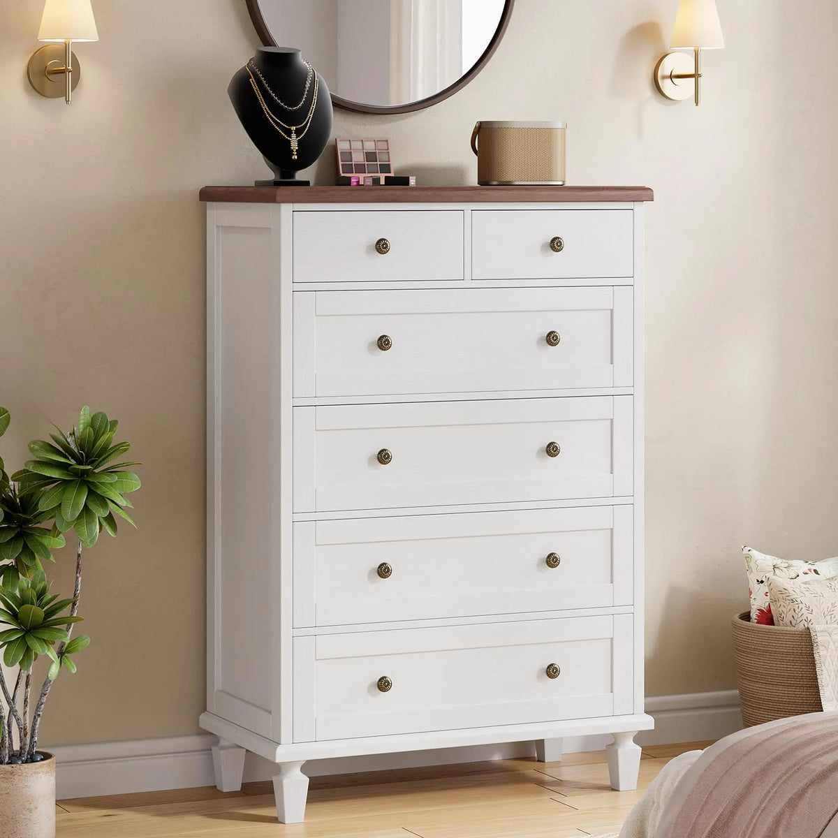 47 Inch 6 Drawer Dresser For Bedroom, Vintage White Chest Of Drawers With Carved Metal Handles, Tapered Legs & Large Storage