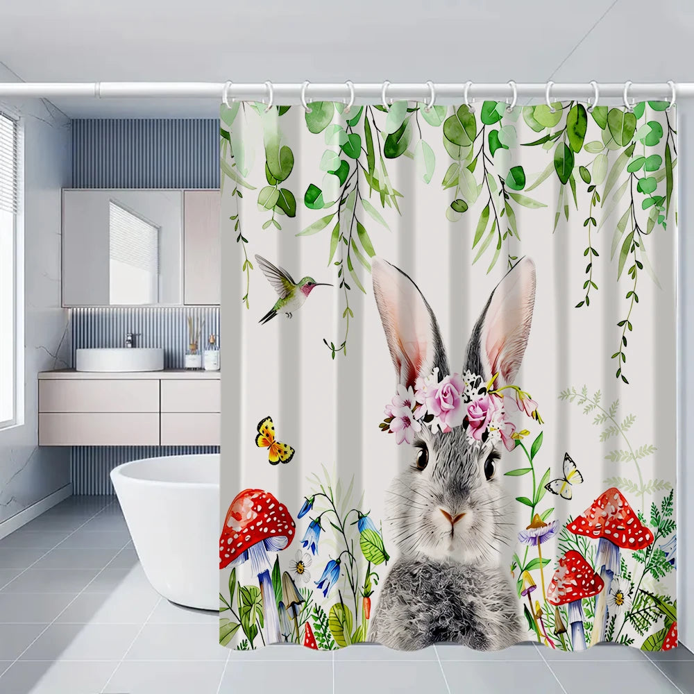 4/1 Easter Bunny shower curtain set, toilet seat decoration, shower curtain with carpet and toilet lid, size 70.8x70.8 in
