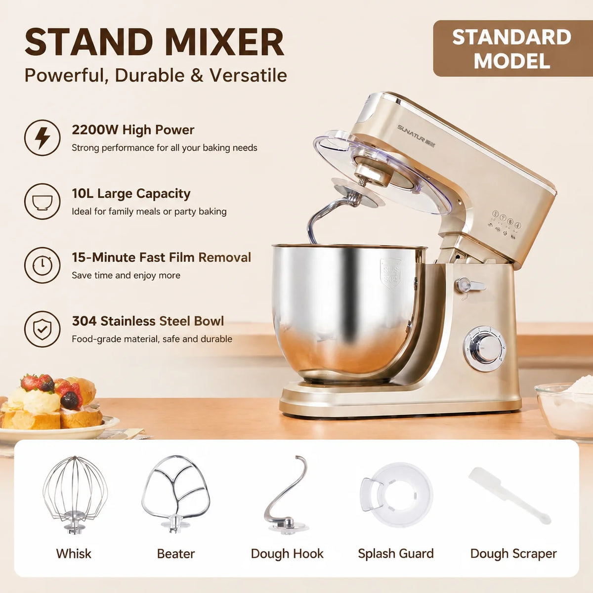 SUNATUR 10L Stand Mixer 2200W All-Metal Gear, Stainless Steel Bowl, 6 Speed Dough Kneader, Optional Fermentation Function