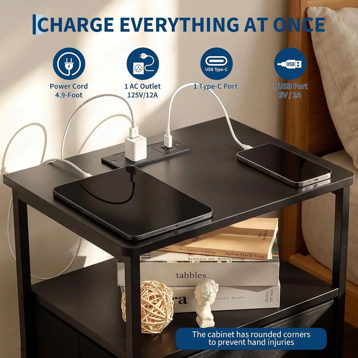 3 Tier Nightstand with Charging Station Fabric Drawer Open Storage Shelves Alloy Steel Frame Bedside End Table Side Table for Bedroom Living Room Small Spaces