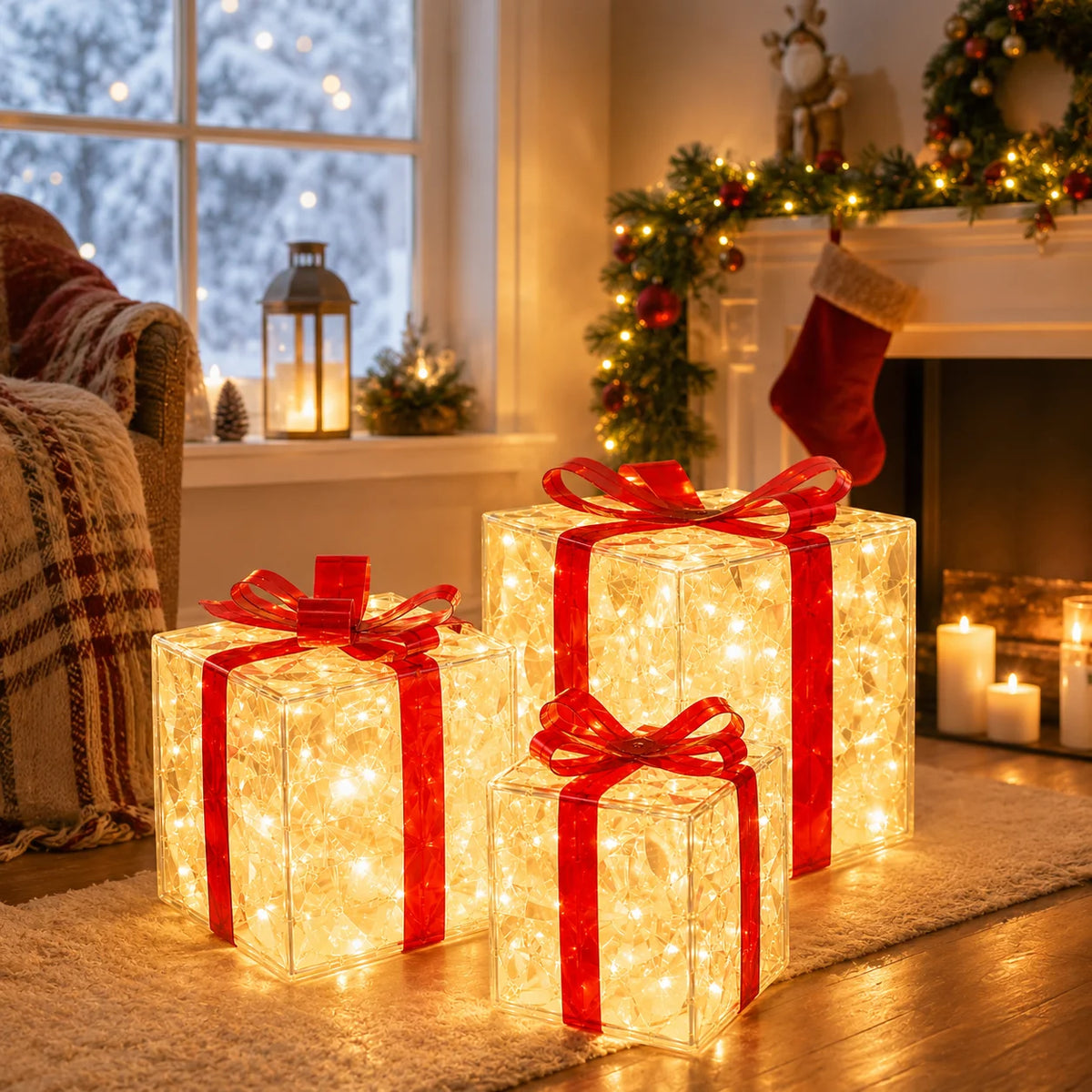 Christmas Lights Gift Box LED Lighted Presents USB Powered 3PCS Set Warm White 8 Modes for Tree Home Holiday Decor