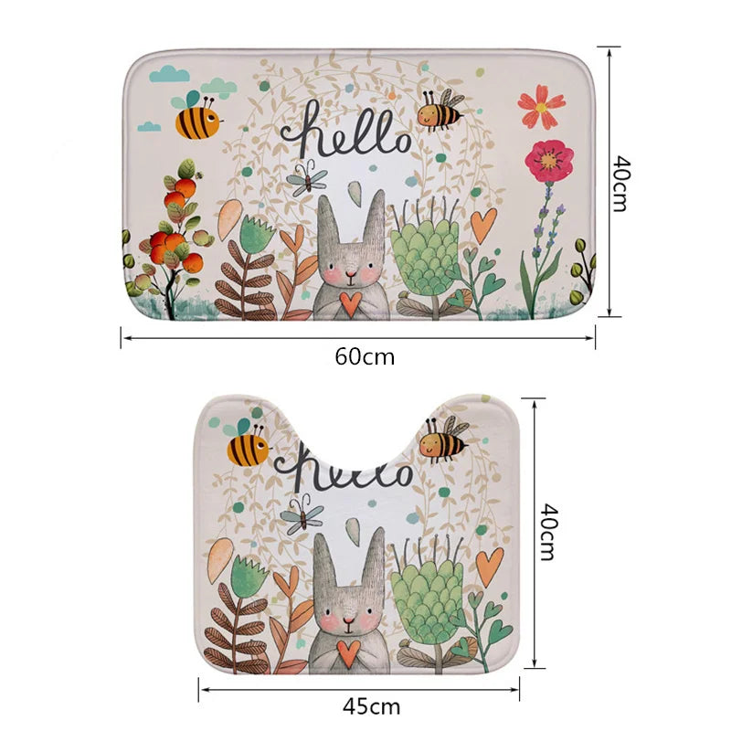 Honlaker Hello Rabbit Flannel Absorbent Non-Slip Mat Bathroom Toilet Mats Set Bath Rugs Toilet Covers