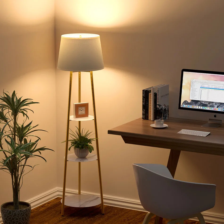 Modern Tripod Floor Lamp with 3 Shelves Adjustable Dimmable LED Corner Standing Lamp for Living Room Bedroom Storage