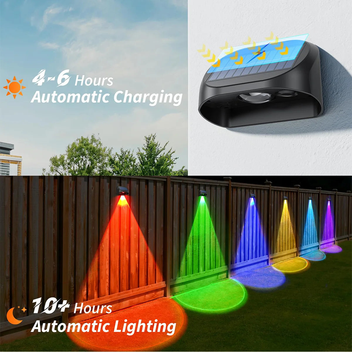 Solar Fence Lights Outdoor Waterproof Solar Deck Lights with Warm White RGB LED Spot Lens Decorative Solar Powered Wall Lights