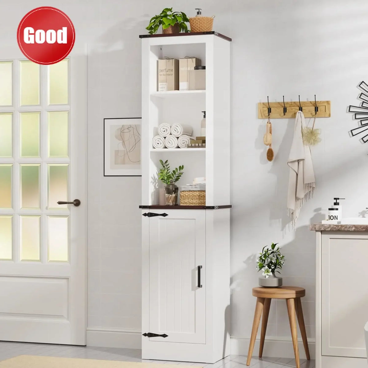71" Tall Bathroom Storage Cabinet, Farmhouse Storage Cabinet with Adjustable Shelves, Narrow Linen Tower Cabinet for Bathroom, L