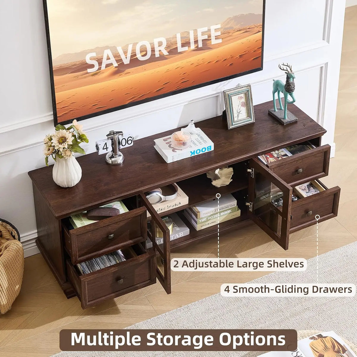 Farmhouse TV Stand with Glass Doors for Living Room, Walnut, Customized