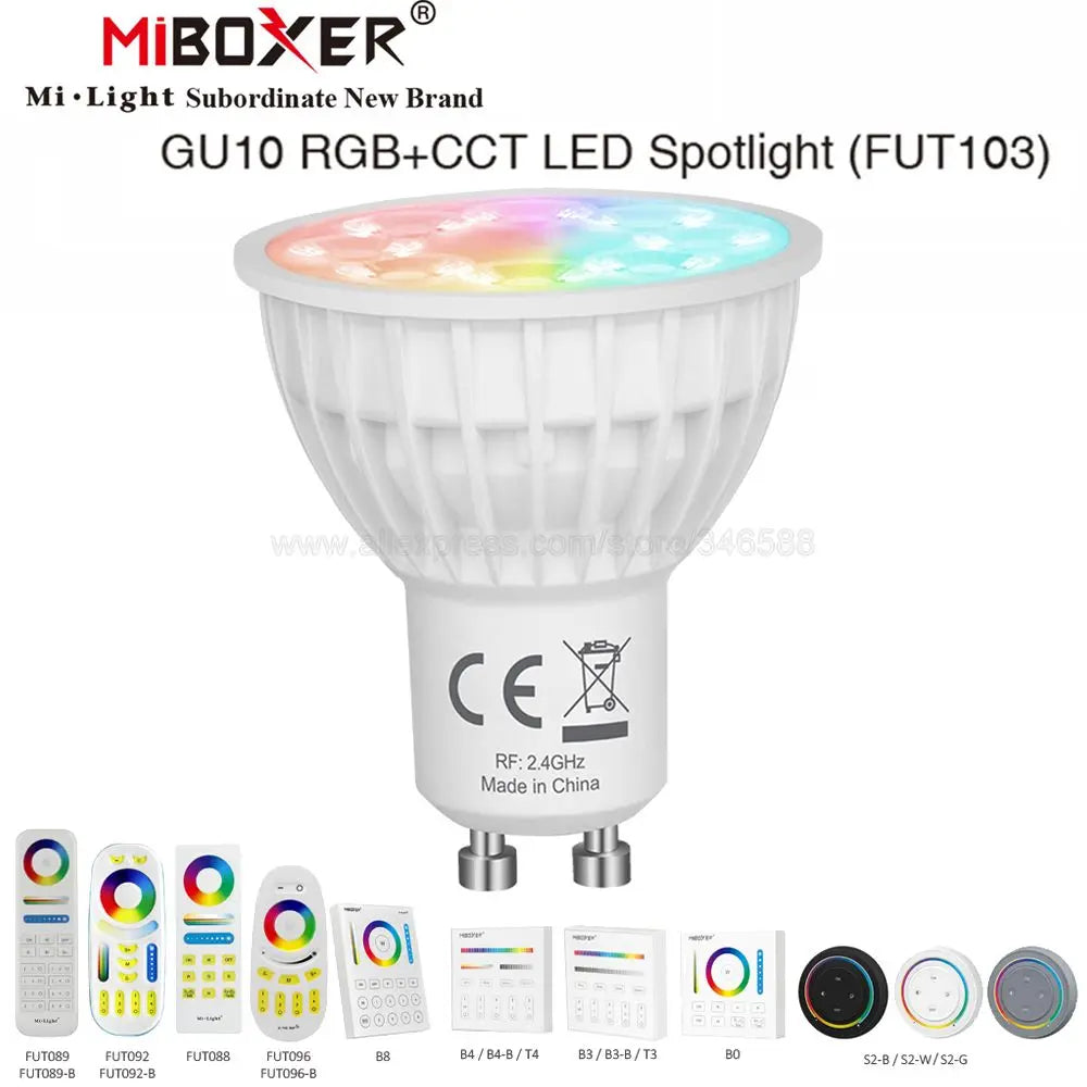 MiBoxer FUT103 4W RGB+CCT Smart LED Light Bulb GU10 AC110V 220V Support 2.4G 4Zone Remote / Smartphone APP WiFi /  Voice Control