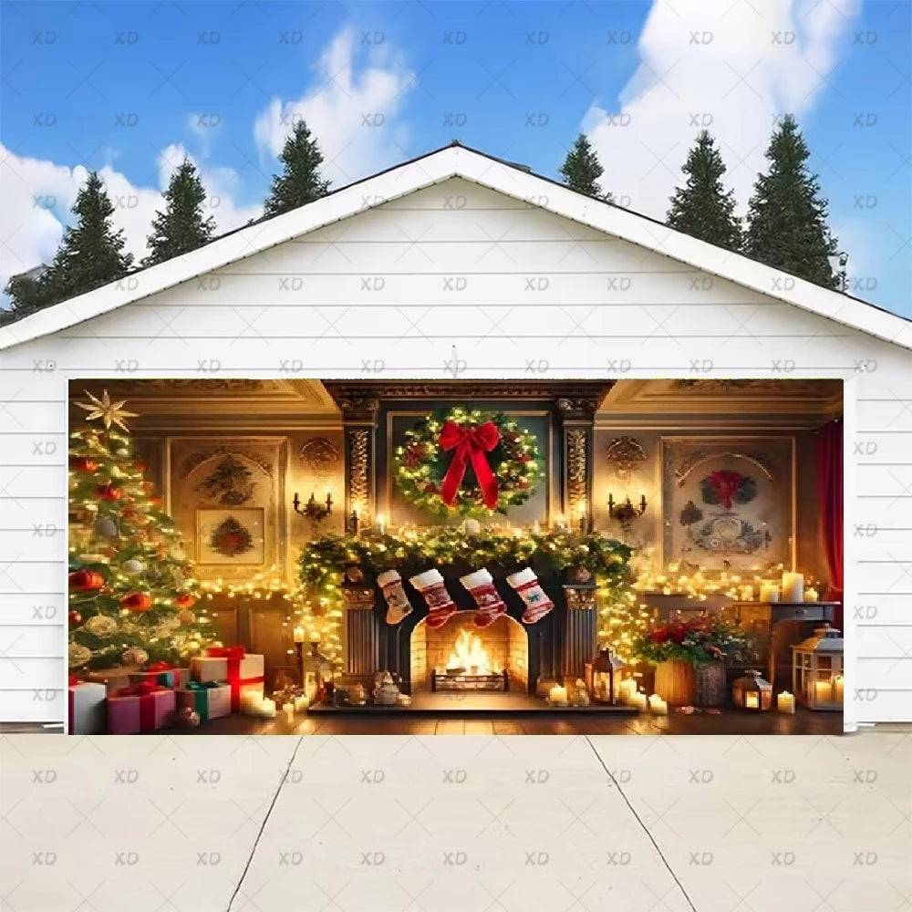 Christmas Large Garage Door Cover Backdrop Xmas Party Decoration Background Winter Yard New Year Party Wall Decor Banner Props