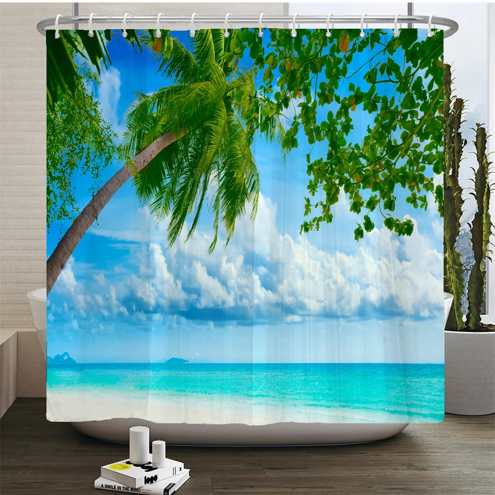 3d Beach Scenery Shower Curtains Sea Ocean Mediterranean Bathroom Curtain Waterproof Cloth Decoration 180*240cm Bath Curtain