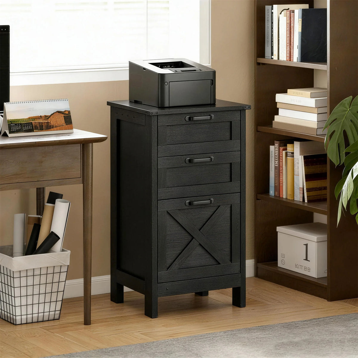 HOMCOM 3 Drawer File Cabinet with Silent Slides, Vertical Filing Cabinet for Hanging A4/Letter Size, Rustic Farmhouse Printer Stand with Storage for Home Office, Distressed Black