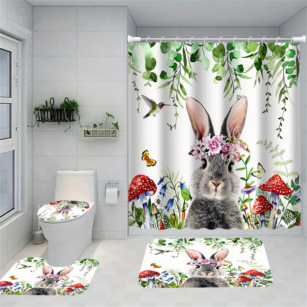 4/1 Easter Bunny shower curtain set, toilet seat decoration, shower curtain with carpet and toilet lid, size 70.8x70.8 in