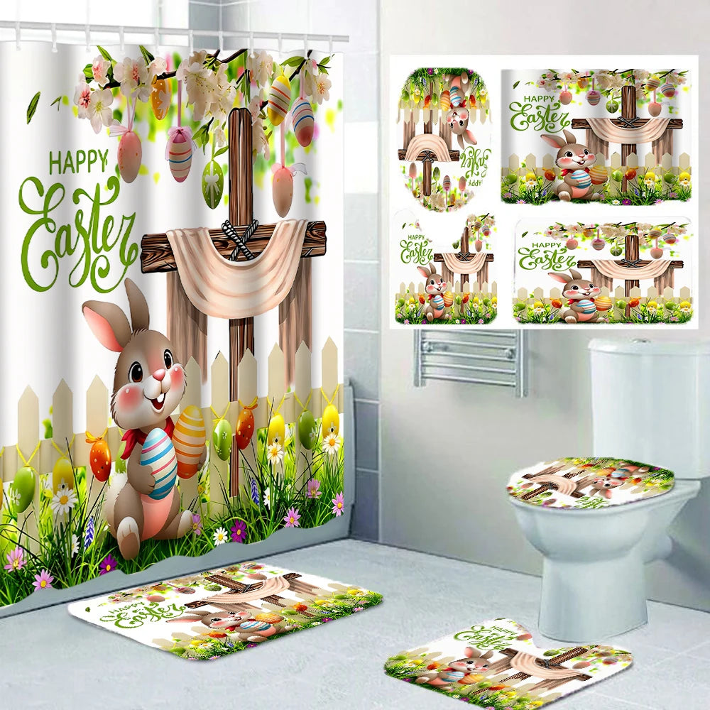 4/1 Easter Bunny shower curtain set, toilet seat decoration, shower curtain with carpet and toilet lid, size 70.8x70.8 in