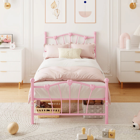 Twin Metal Platform Bed with Heart-Shaped Headboard and Footboard - Sturdy Slats - Silent - with Under-Bed Space, Without a Box Spring - White