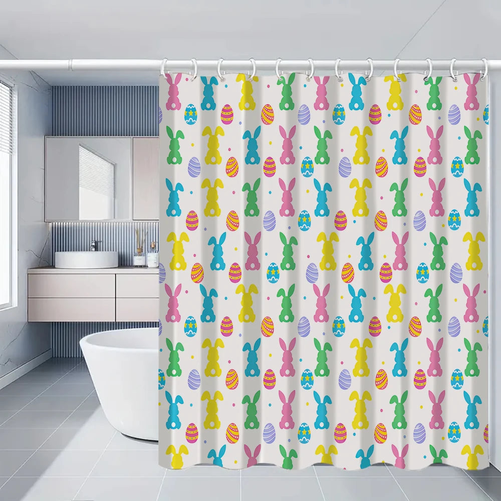 4/1 Easter Bunny shower curtain set, toilet seat decoration, shower curtain with carpet and toilet lid, size 70.8x70.8 in