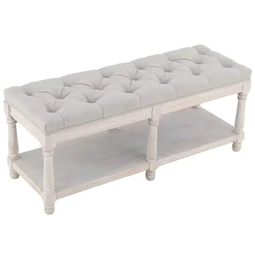 Shoe Rack Bench Storage Vintage Bedroom Padded Bench Seat End of Bed, Fabric Tufted Farmhouse French Entryway Bench