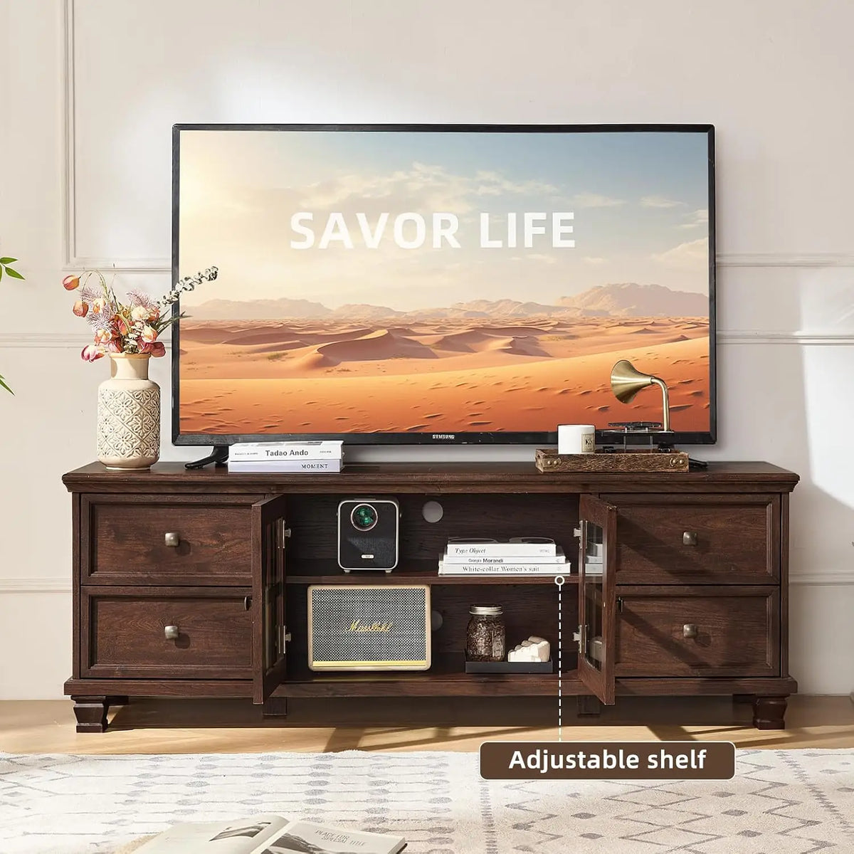 Farmhouse TV Stand with Glass Doors for Living Room, Walnut, Customized
