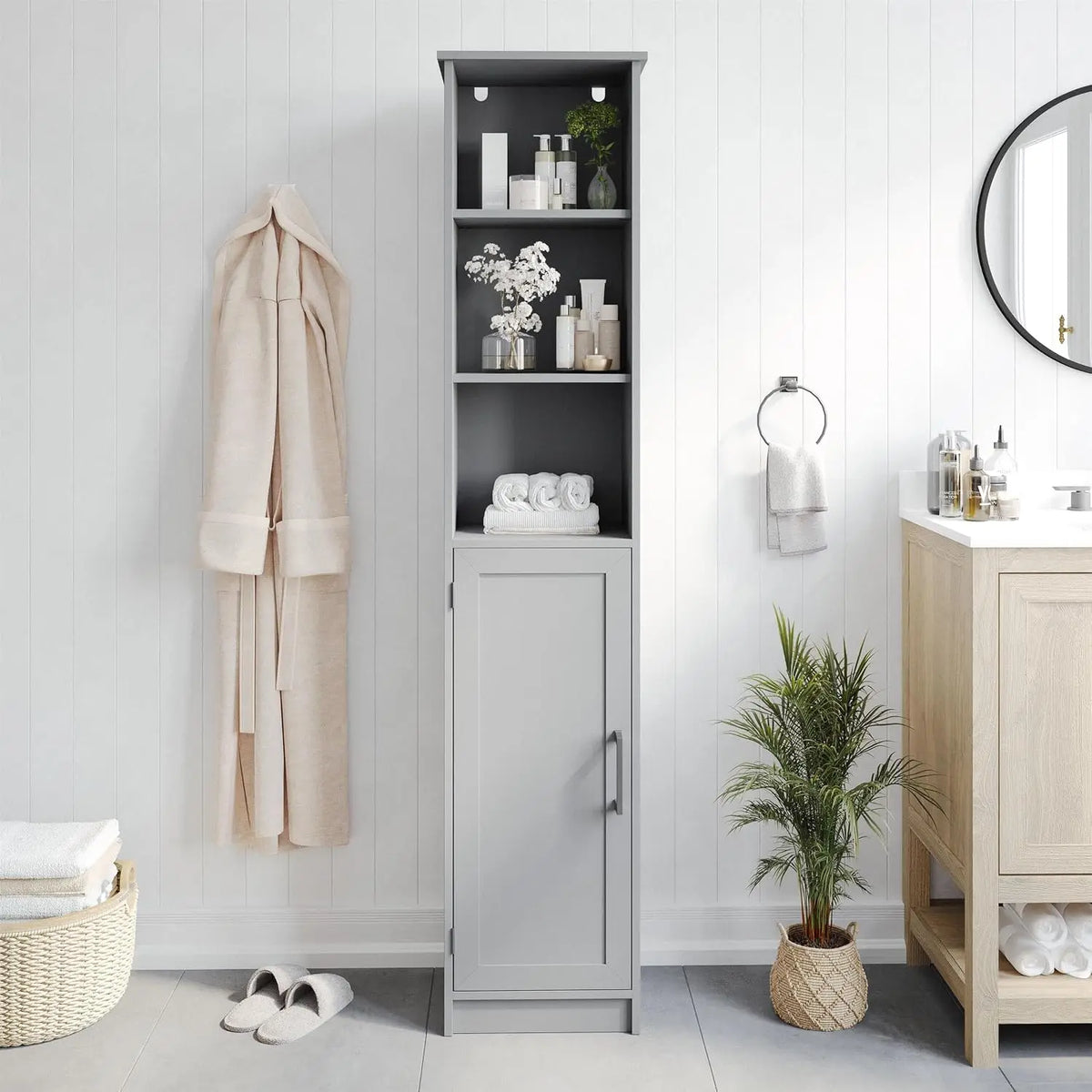 Freestanding Bathroom Linen Tower Storage Cabinet with Adjustable Shelves & Doors, Gray, Customized