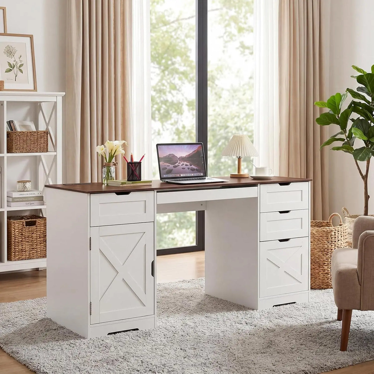 59 Inch Farmhouse Office Desk With 4 Drawers, Charging Station, Keyboard Tray, Storage Cabinet And Adjustable Shelf For Home Office Studio