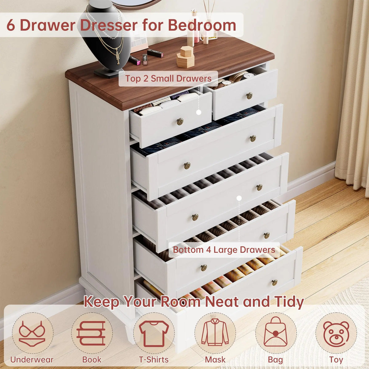 47 Inch 6 Drawer Dresser For Bedroom, Vintage White Chest Of Drawers With Carved Metal Handles, Tapered Legs & Large Storage