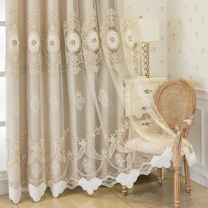 1pc Double Layer Curtain with Sheer Fabric,French Lace Embroidery,Modern Minimalist Design,Ideal for Living Room & Bedroom Decor