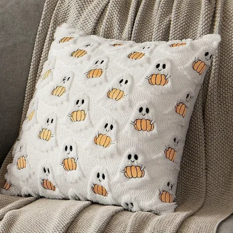 Ghost Pumpkin Plush Faux Fur Pillow Covers Soft Halloween Decor for Sofa Couch Bed Living Room White Orange Pillowcases 45x45CM