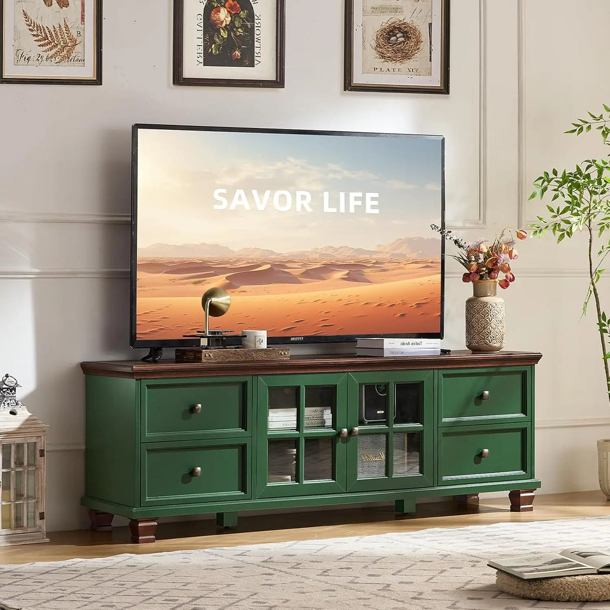 Farmhouse TV Stand with Glass Doors for Living Room, Walnut, Customized