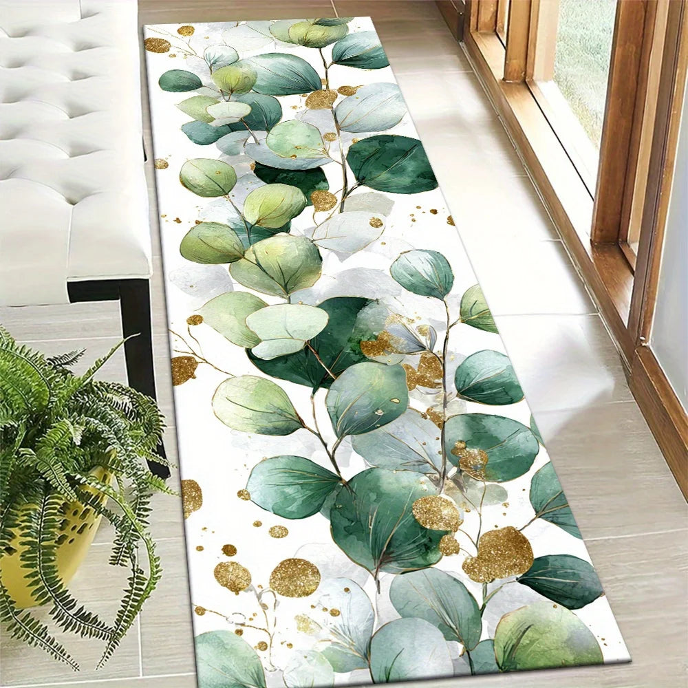 Minimalist Eucalyptus Leaf Gold Speckle Runner Rug on white base,non-slip decorative mat for bedroom, entryway and home corridor