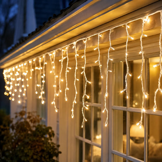 Christmas Icicle Lights 2PCS Solar LED Waterfall String Lights 100/200LED 8 Modes 5 Colors for Roof Eaves Patio Decor