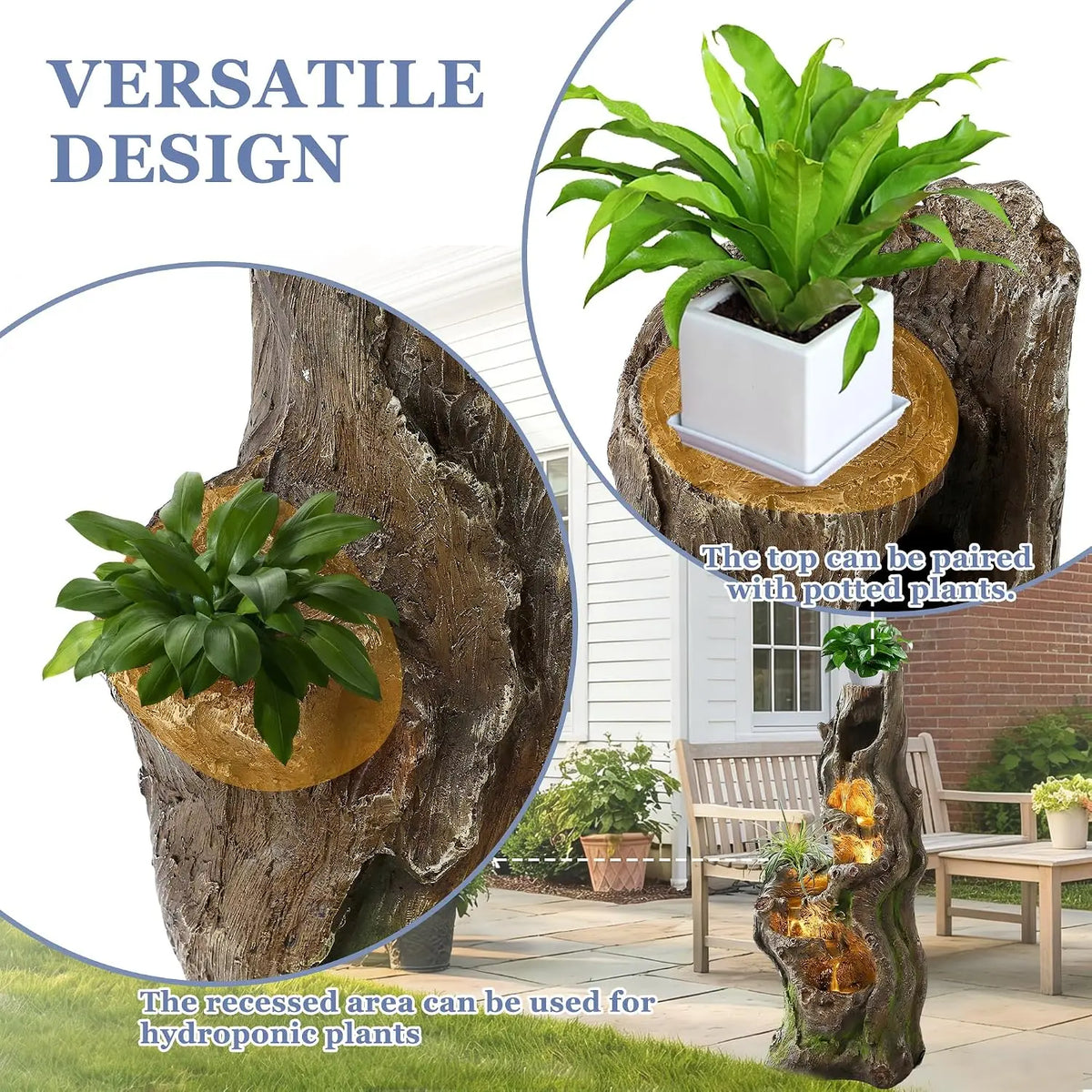 Cascading 6 Tiers Water Fountain Outside 5 LED Lights 40 H Large Garden Yard Deck Decor Natural Tree Trunk Look