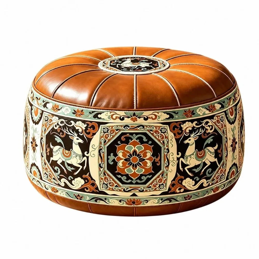 New PU Leather Fillable Ottoman Pouf Embroidered Pattern Moroccan Style Storage Ottoman Round Shape Floor Seat Cushion Home Use