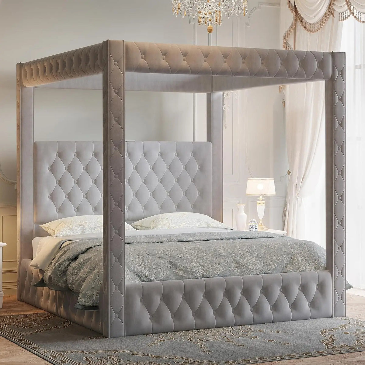 King Canopy Bed Frame Velvet Upholstered Deep-tufted Headboard 74.8" Tall Four Poster USB-A & USB-C Outlets No Box Spring 45-Min