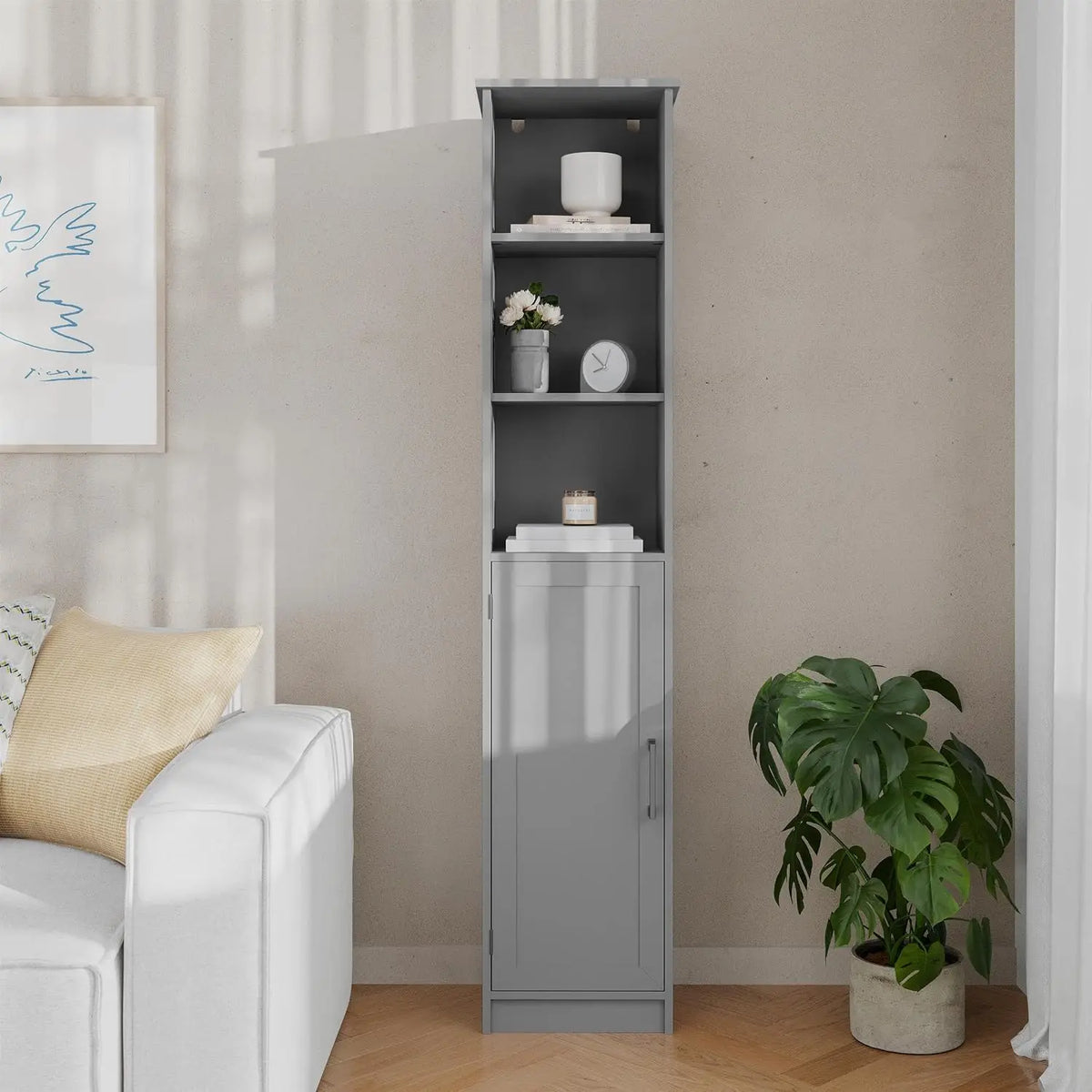 Freestanding Bathroom Linen Tower Storage Cabinet with Adjustable Shelves & Doors, Gray, Customized