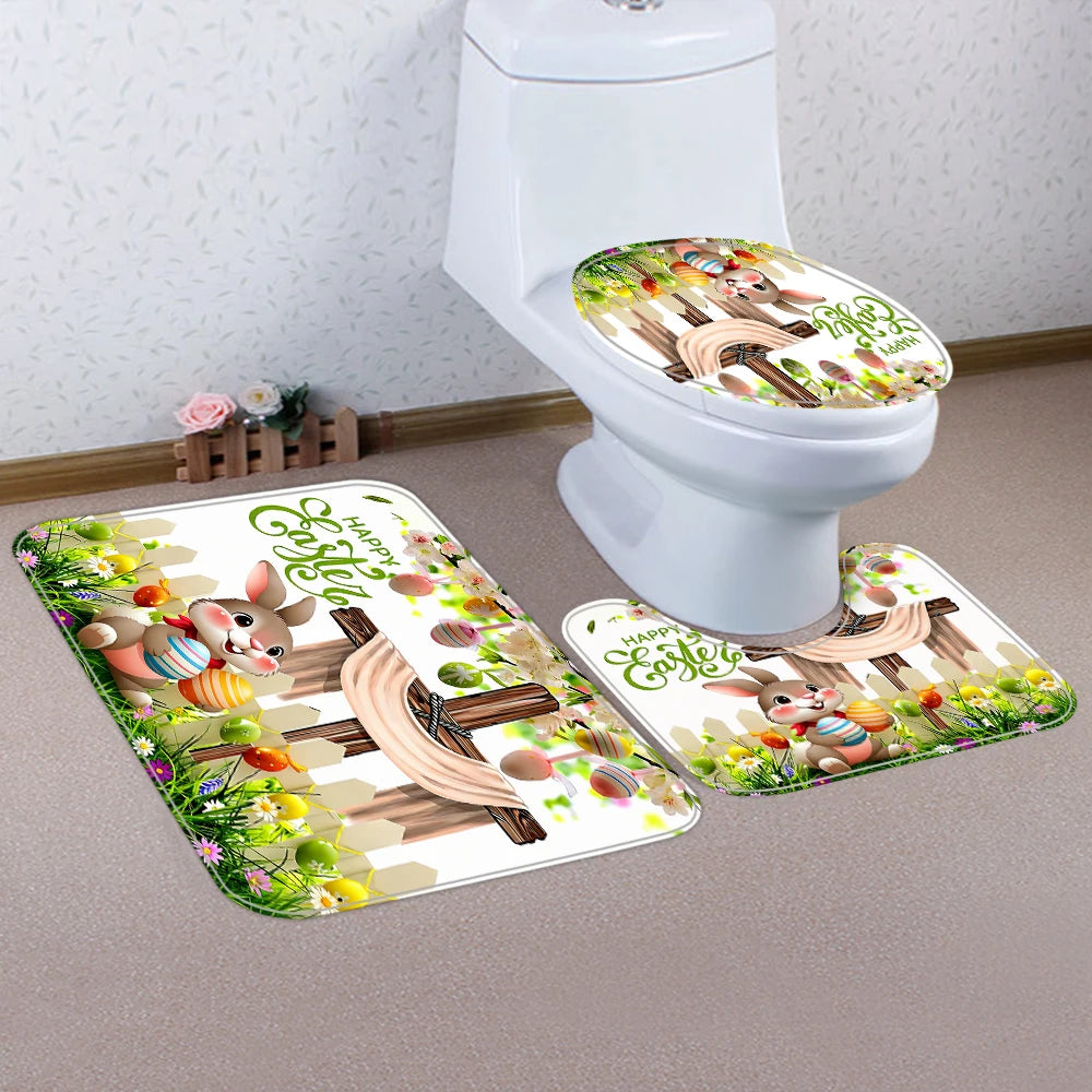 4/1 Easter Bunny shower curtain set, toilet seat decoration, shower curtain with carpet and toilet lid, size 70.8x70.8 in