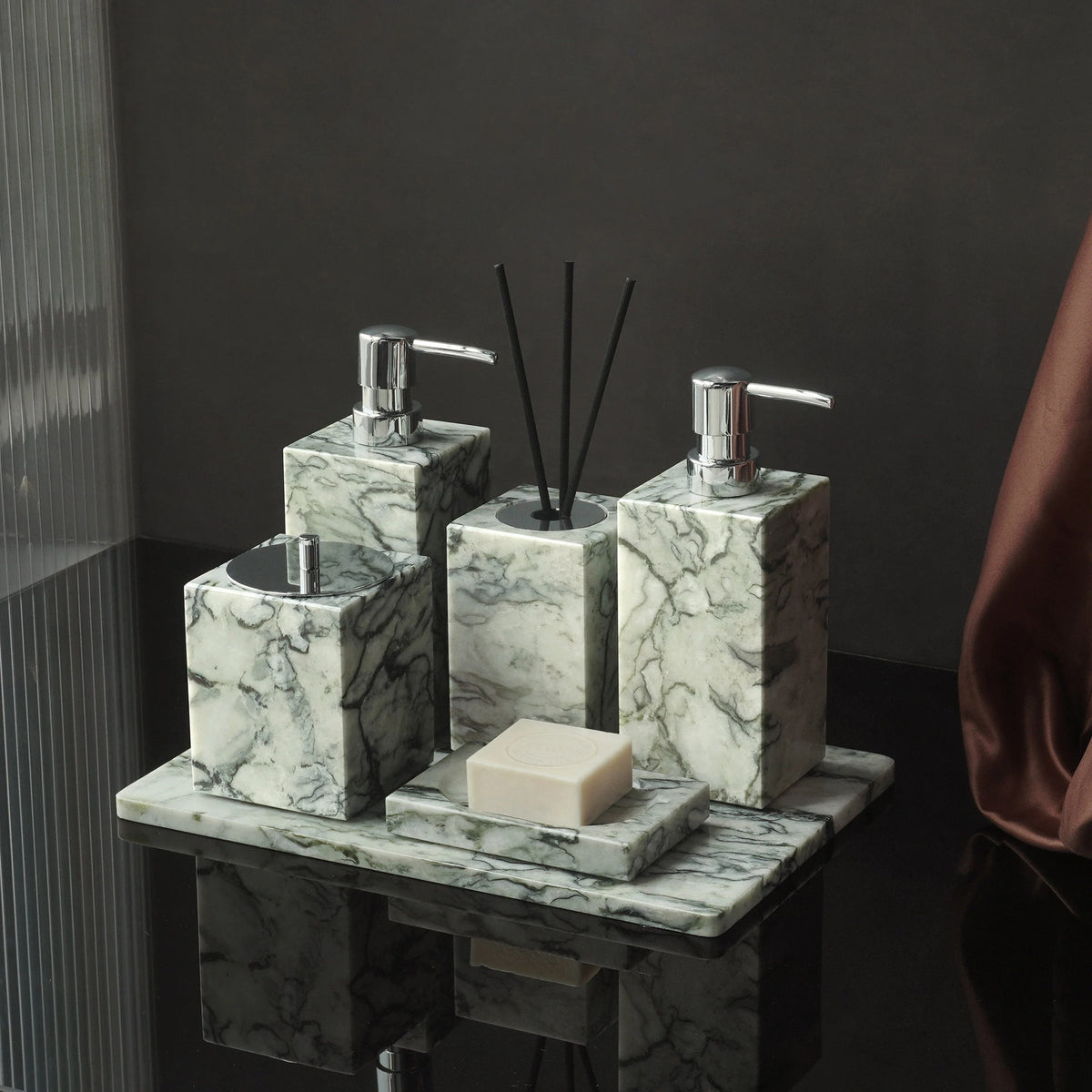 Cold Emerald Natural Marble Bathroom Accessories Set Luxury Soap Dispenser Soap Dish Toothbrush Holder Vanity Tray Kit Bathroom