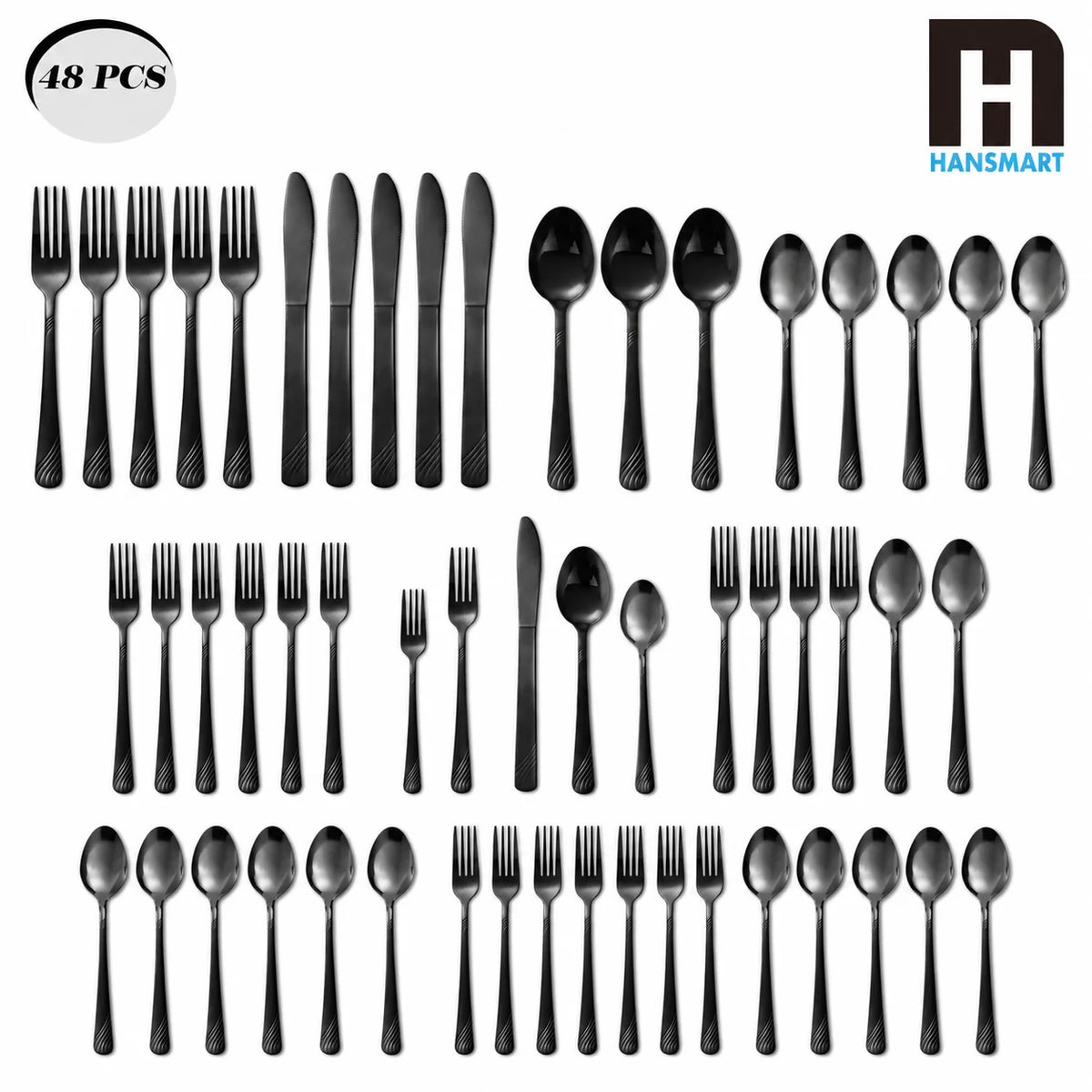 HANSMART 48PCS Stainless Steel Black Flatware Set Service for 8 Elegant Wave Handle Silverware Durable Dishwasher Safe Cutlery Kit For Daily Dinner Party Wedding Camping