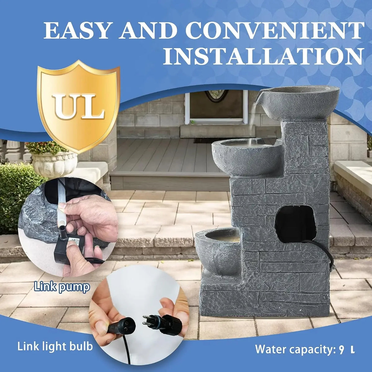 Outdoor Water Fountains, 4-Tier Fountains and Waterfalls with Lights | Indoor/Outdoor Garden Cascading Rock, Floor Standing Wate