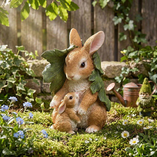 Cute Resin Bunny Rabbit Figurine, Mother & Baby Under Leaf Shelter, Garden Decor, Easter Spring Ornament, Home Accents