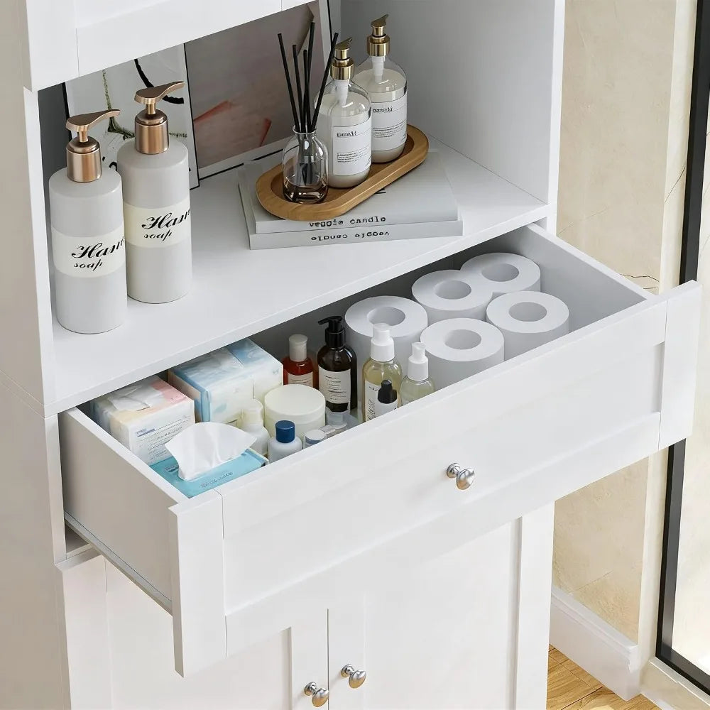 Tall Bathroom Storage Cabinet with Drawer, Modern Linen Cabinet, White