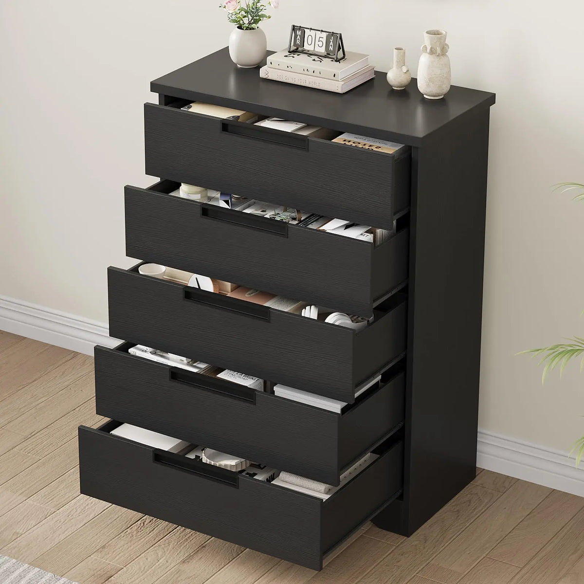 5-Drawer Wooden Dresser - Modern Storage Furniture for Bedroom, Living Room, Hallway & Nursery - Recessed Handles, Spacious, Versatile