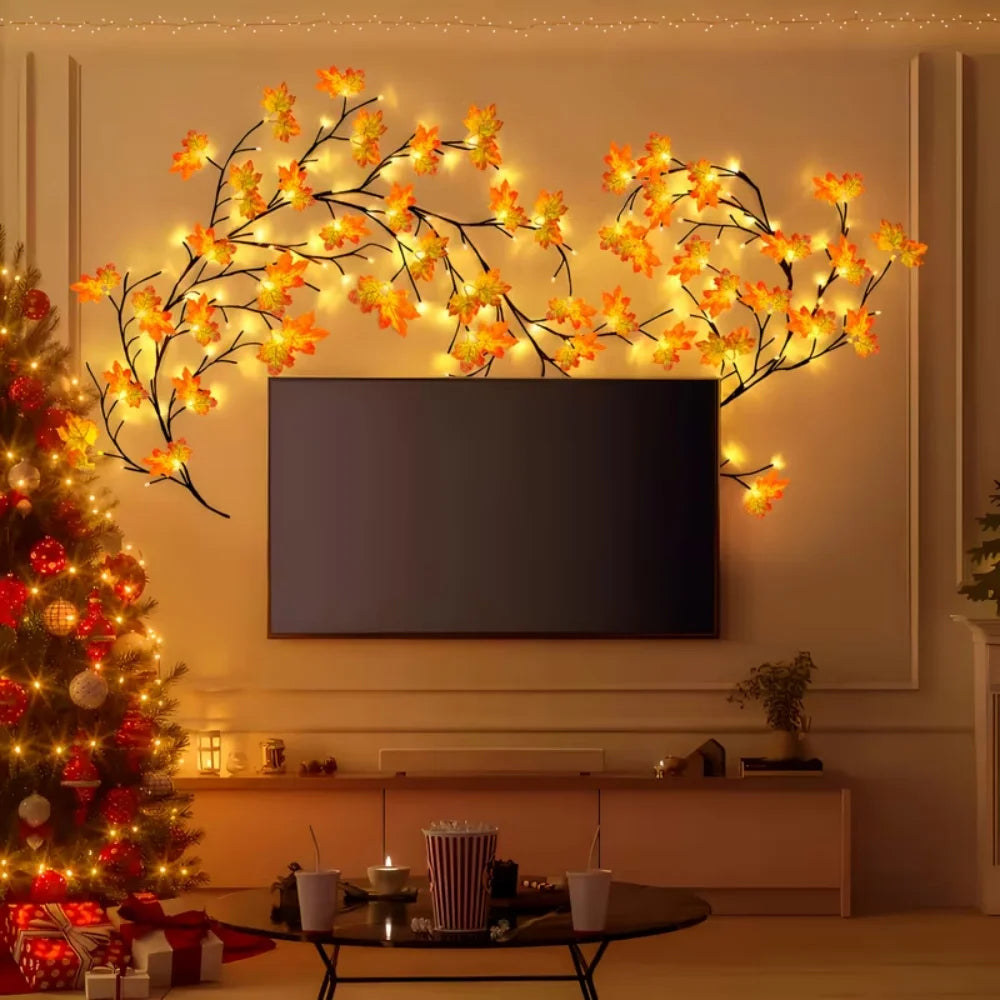 USB Maple Leaf Twig Branch Garland 48 LED Autumn String Lights Flexible Vine with 8 Lighting Modes for Indoor Thanksgiving Decor
