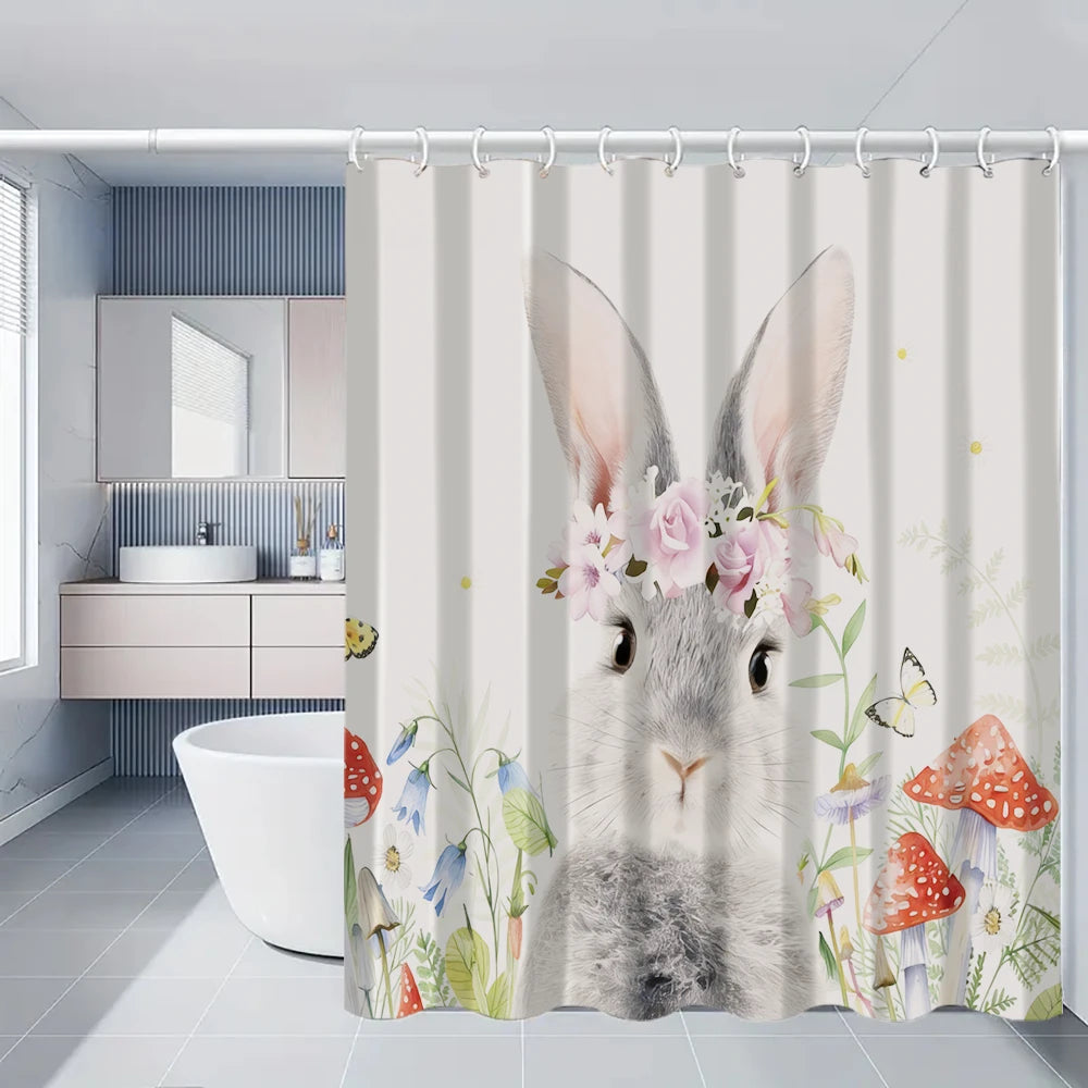 4/1 Easter Bunny shower curtain set, toilet seat decoration, shower curtain with carpet and toilet lid, size 70.8x70.8 in