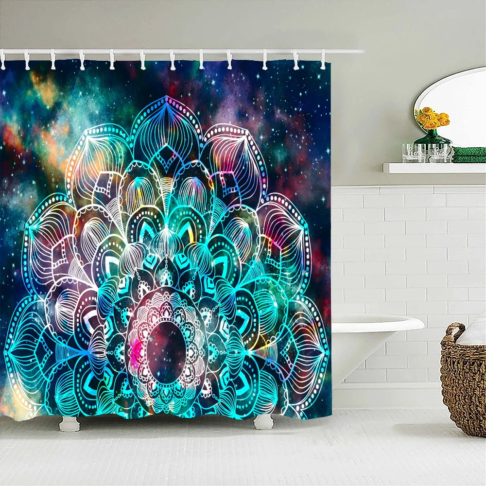 Bohemian Beach Fabric Shower Curtain Bathroom Curtains Indian Mandala Flower Waterproof Fabric Bath Screen with 12 Hooks