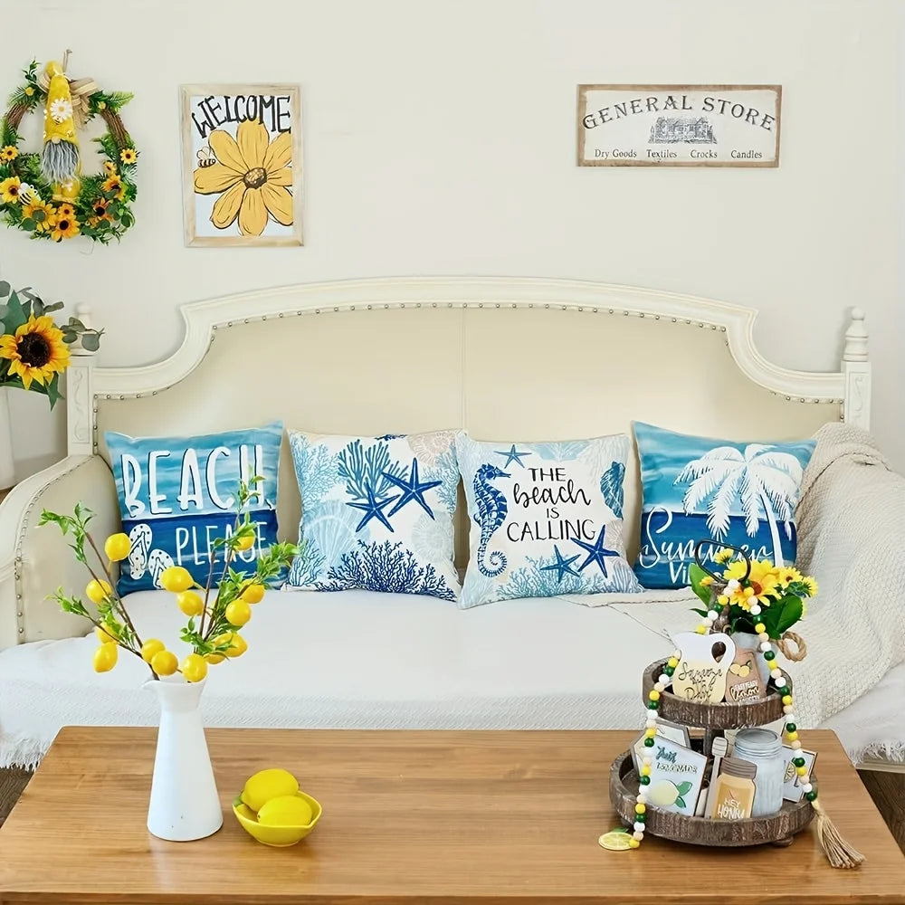 4pcs Summer Beach Pillow Covers - Geometric Design, Zippered & Machine Washable for Any Room Decor