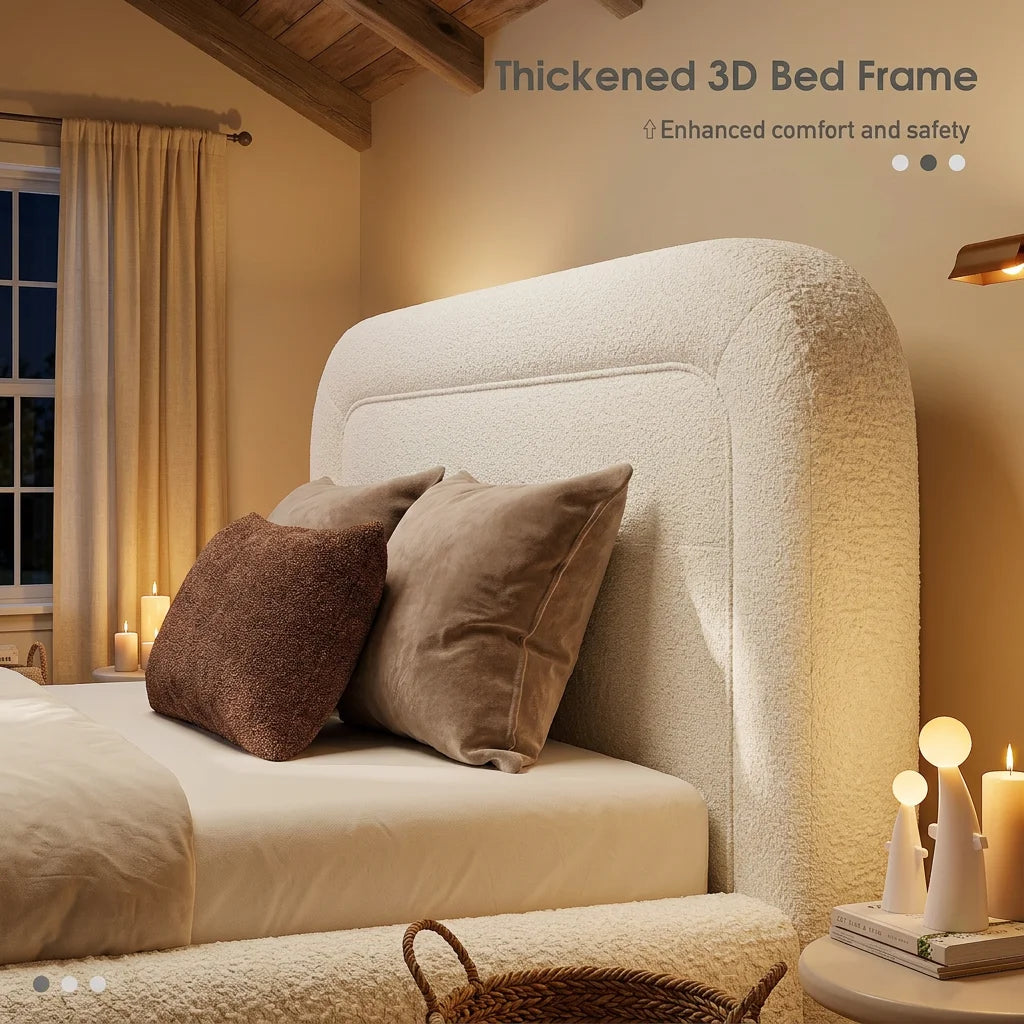 EnHomee Boucle Cloud Bed Frame with Headboard Upholstered Bed Frame with Curved Edges Design, Anti-Collision Platform Bed for Bedroom