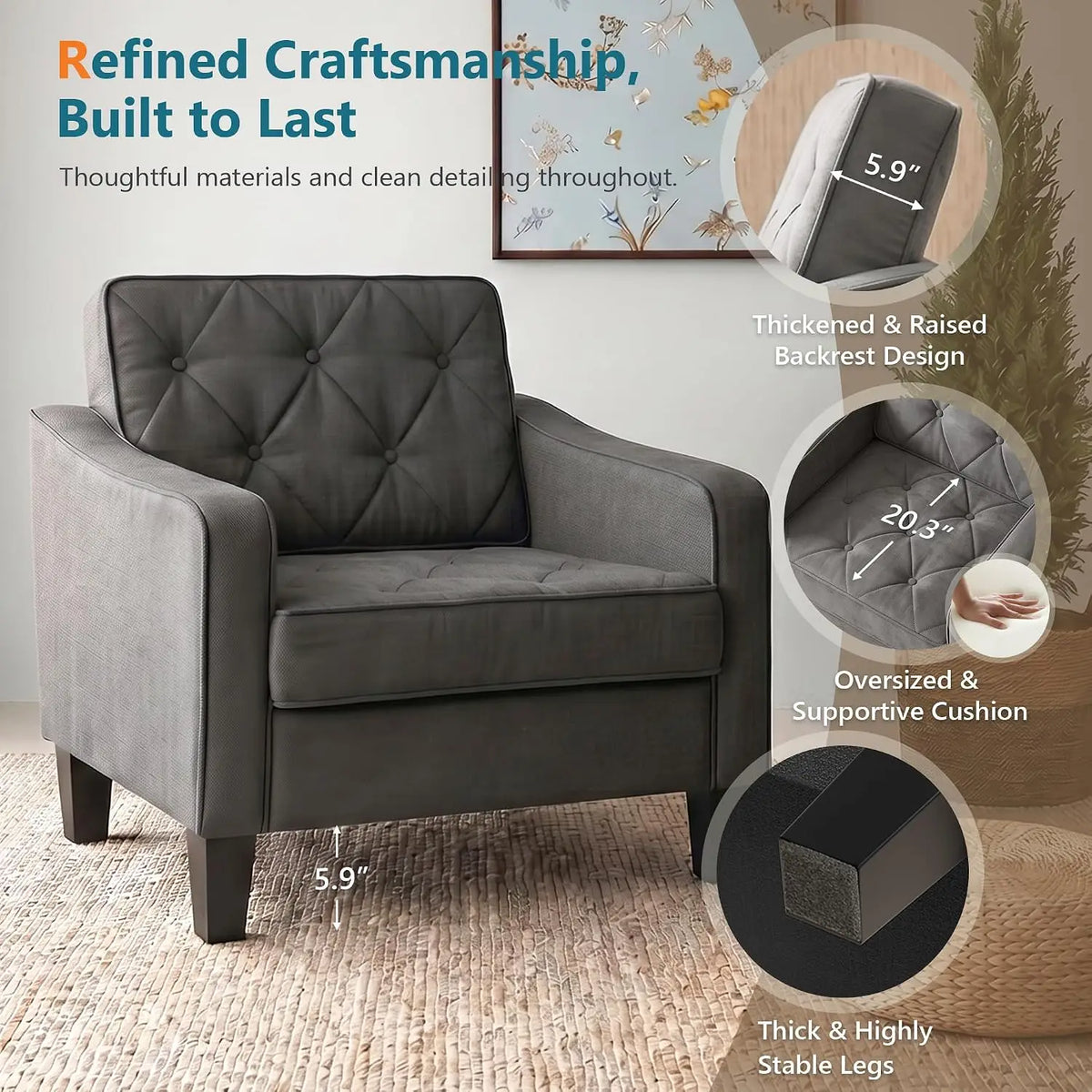 Grey Accent Chairs Set of 2, Wide Comfy Arm Chairs for Living Room, Office |  Tufted Club Chair, Reading Chairs for, Customized