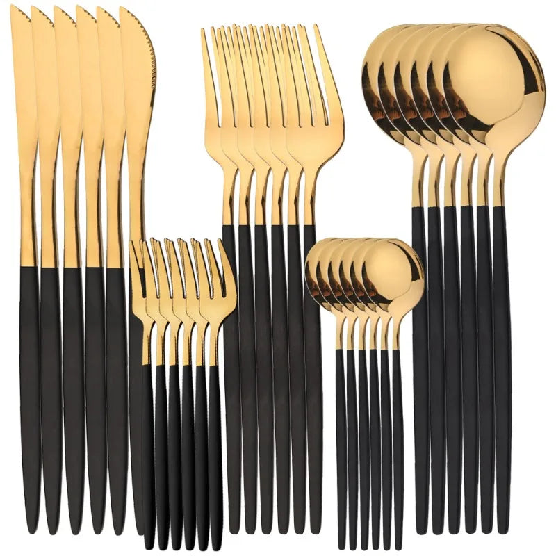 30 Pcs Stainless Steel Golden Black Cutlery Sets, Stainless Steel Golden Flatware Set - Mirror Polished Silveryware for Weddings, Knife Fork Spoon Household, Hotels, Restaurants - Dishwasher Safe
